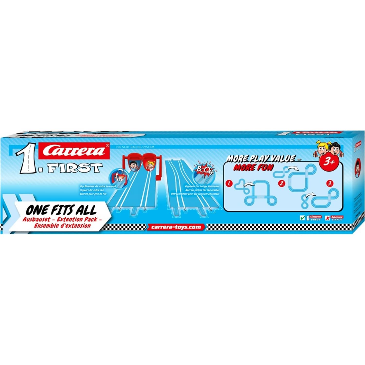 CARRERA - FIRST - EXPANSION PACK ONE FITS ALL 1 X STRAIGHT TRACK 1 X NARROW SECTION 4 X SUPPORTS AND FLIPPERS TO DRIVE THROUGH - SLOT CAR TRACK ACCESSORIES