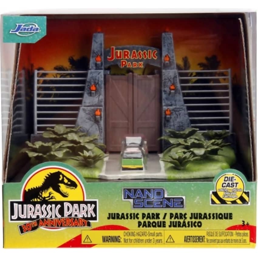 JADA TOYS - JURASSIC PARK 30TH ANIVERSARY NANO SCENE DIORAMA WITH 2 VEHICLES SCALE DIECAST SET