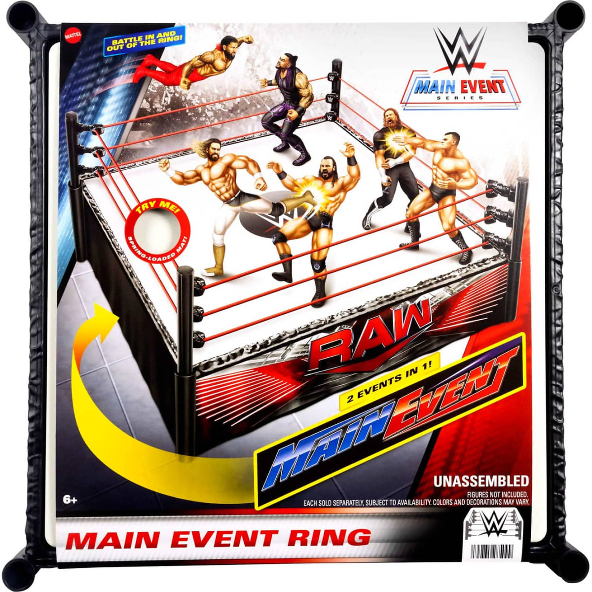 WWE- Superstar Ring With Labels For Main Event & Raw Spring-loaded With Elastic Ring Ropes