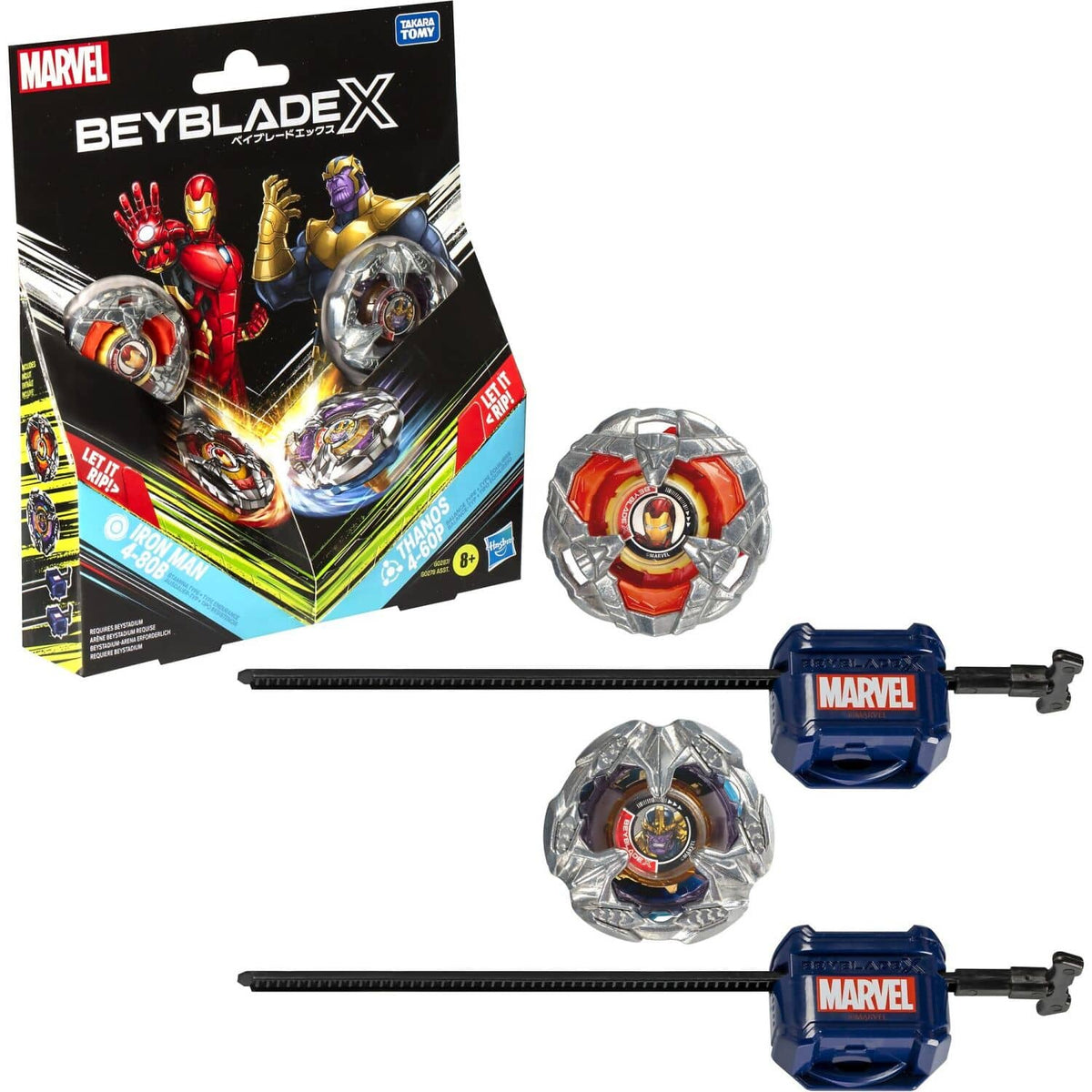 BEYBLADE X - Marvel Collab Iron Man 4-80B Vs. Thanos 4-60B Battle Tops Multipack Set With 2 Tops & 2 Launchers