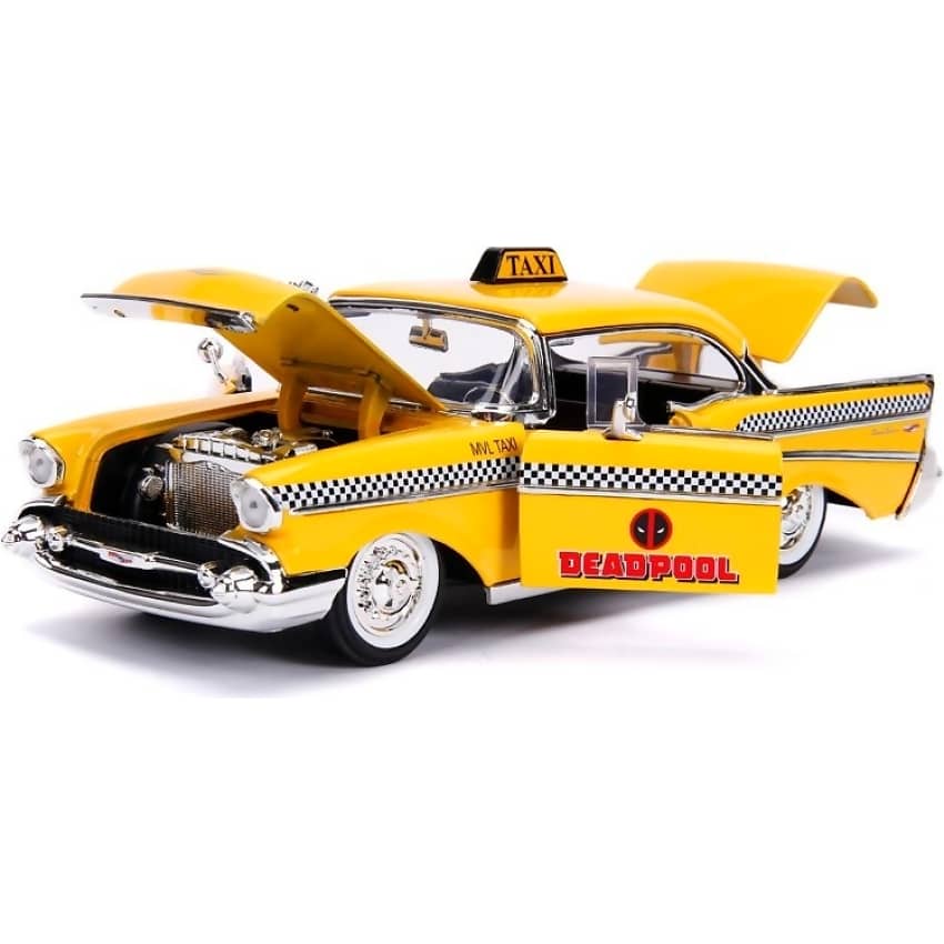 JADA TOYS - HOLLYWOOD RIDES 1957 CHEVY BEL AIR TAXI WITH DEADPOOL 1:24 SCALE DIECAST VEHICLE & DEADPOOL FIGURE SET