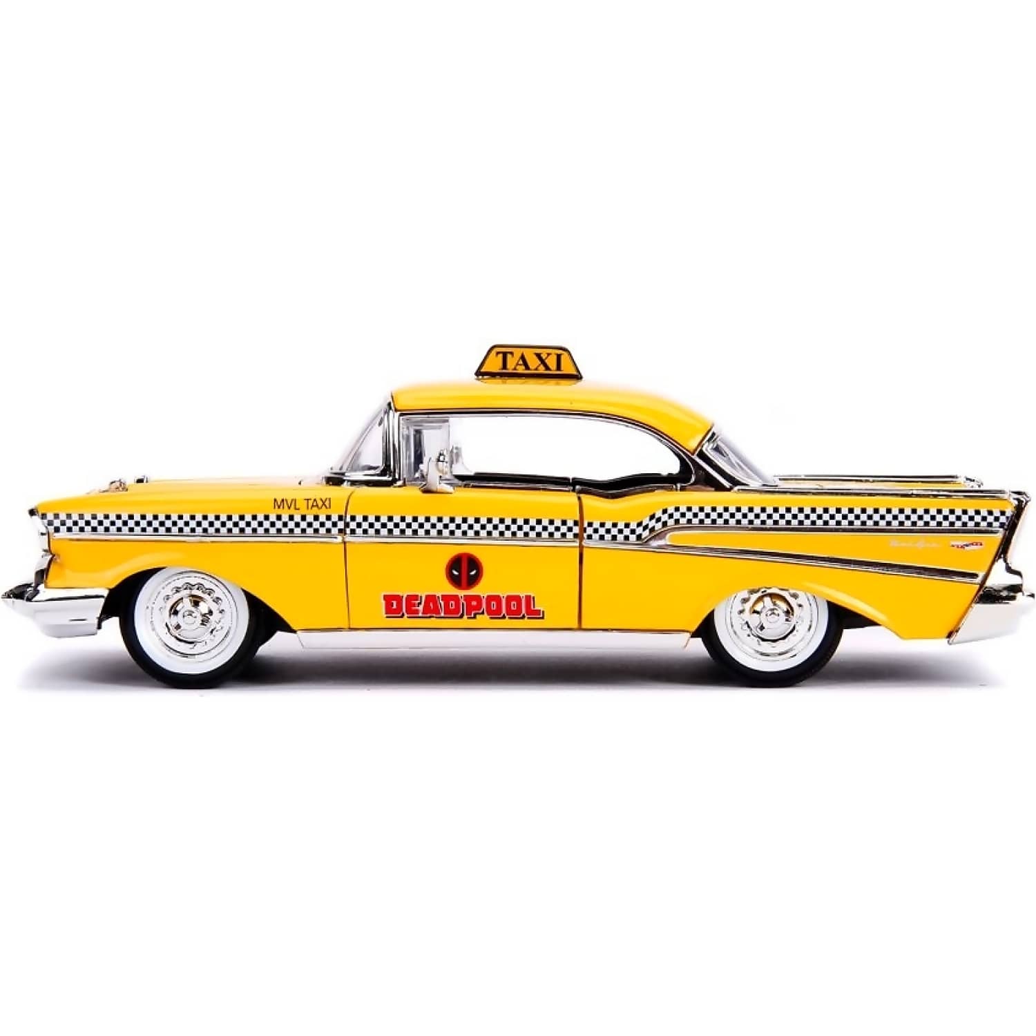 JADA TOYS - HOLLYWOOD RIDES 1957 CHEVY BEL AIR TAXI WITH DEADPOOL 1:24 SCALE DIECAST VEHICLE & DEADPOOL FIGURE SET