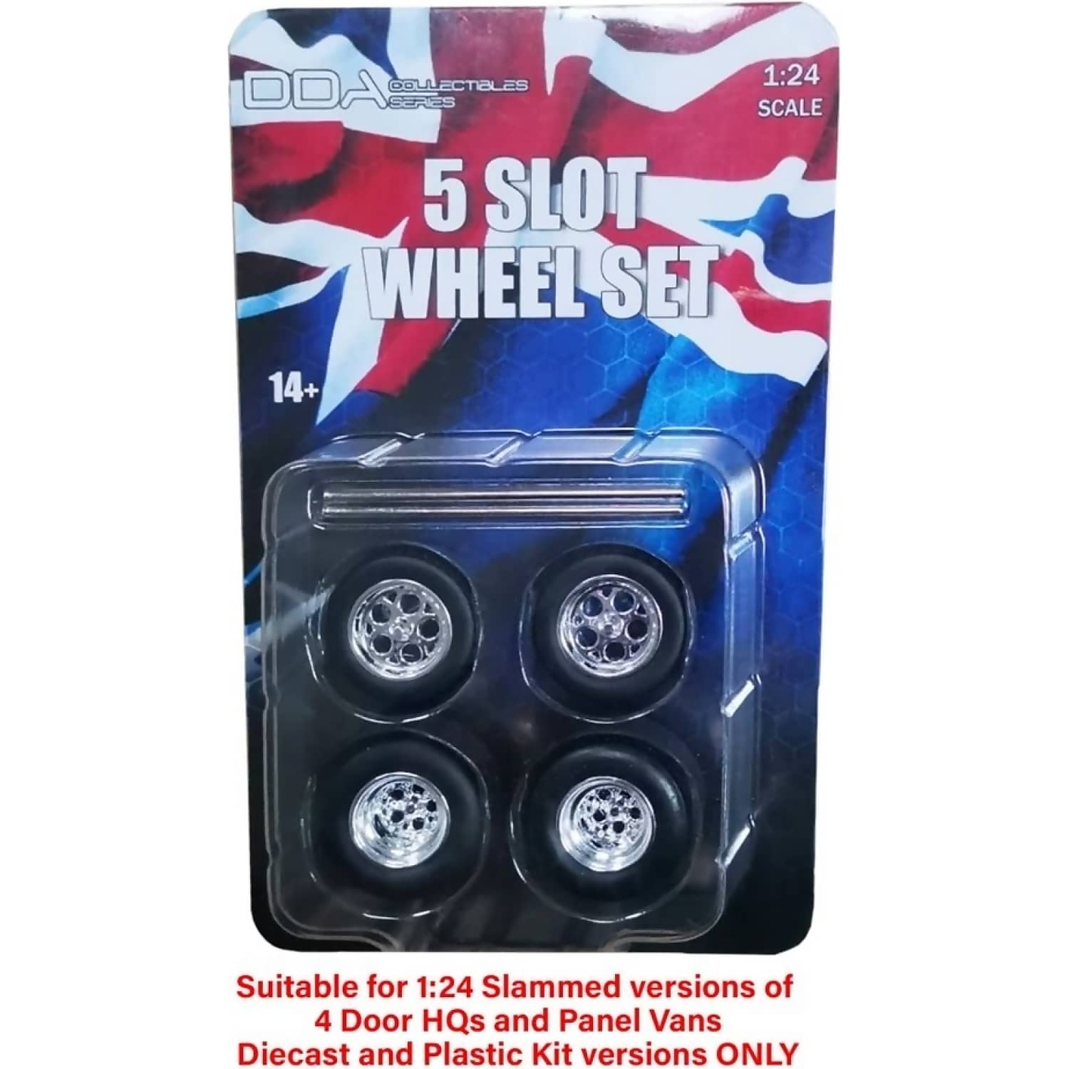 DDA COLLECTIBLES - 1:24 SCALE - 10 SPOKE - 5 SLOT CHROME WHEELS WITH TYRES & AXLES SUITS SLAMMED HOLDEN HQ & HJ OR FORD XW & XY - DIECAST MODEL ACCESSORY