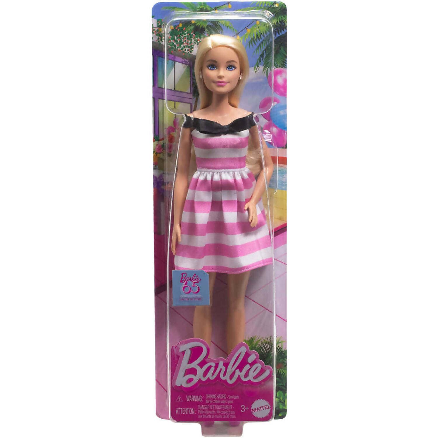 Barbie - 65th Anniversary Commemorative Doll With Blonde Hair Pink And White Striped Dress With Matching Heels - Mattel