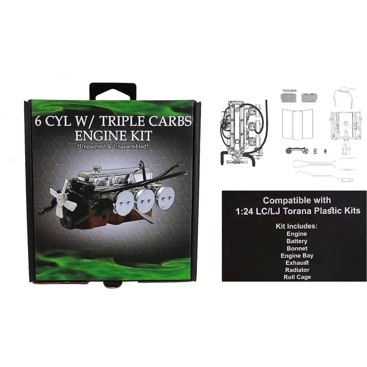 DDA COLLECTIBLES - 1:24 SCALE - LC & LJ 6 CYLINDER TORANA ENGINE WITH TRIPLE CARBS PLASTIC KIT - DIECAST MODEL ACCESSORY