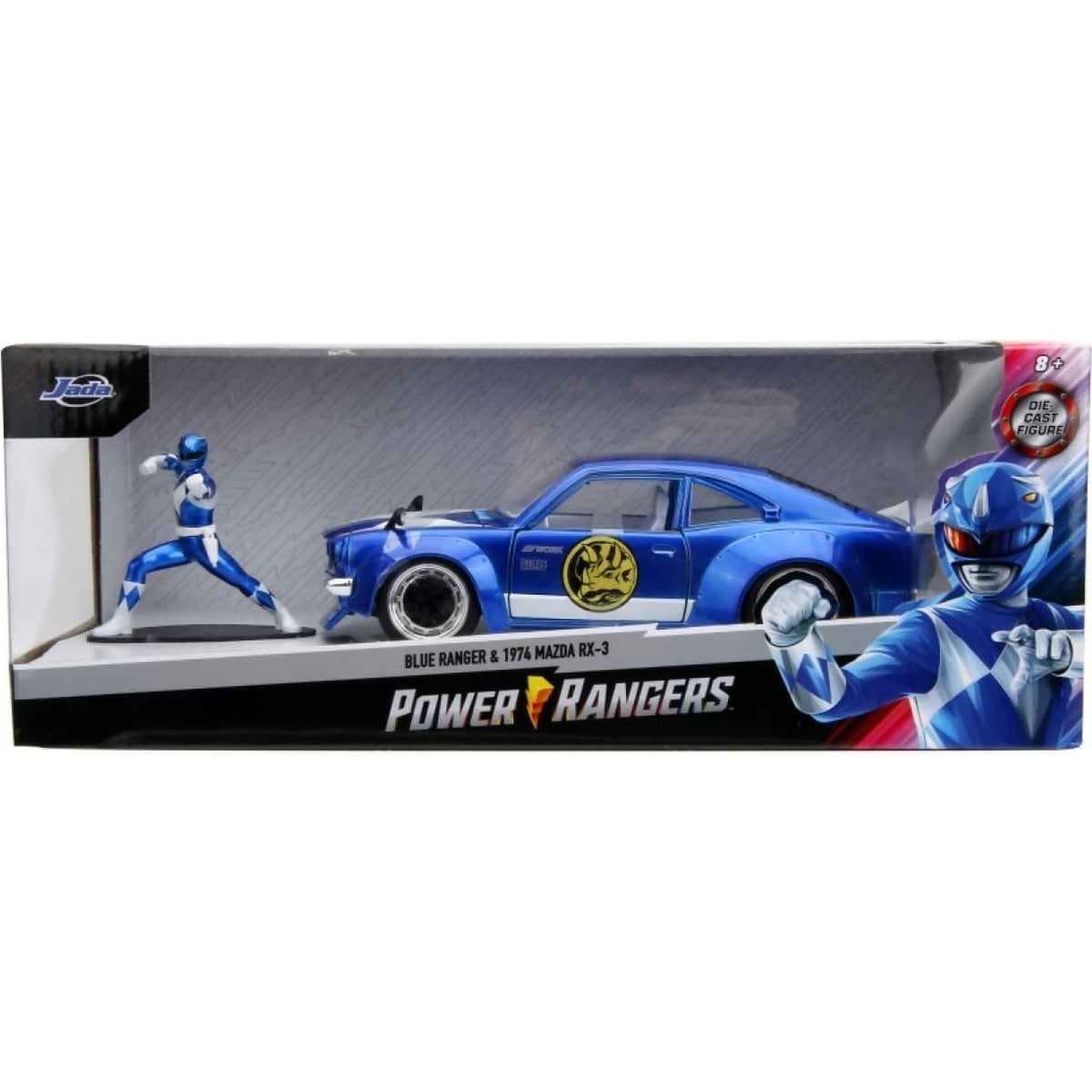 JADA TOYS - POWER RANGERS 1974 MAZDA RX-3 WITH BLUE RANGER 1:24 SCALE DIECAST VEHICLE & FIGURE SET