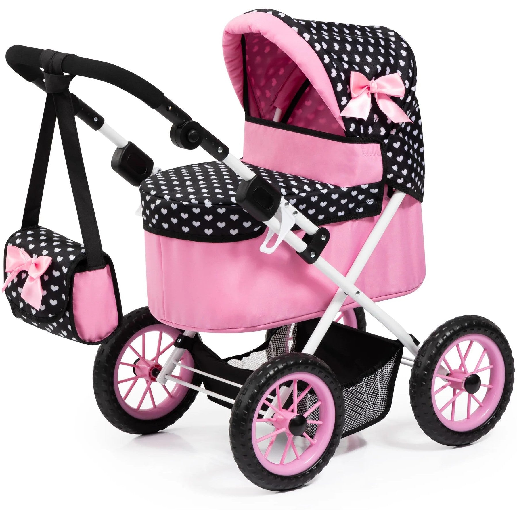 Bayer - Doll Pram Trendy Pink with Black Hood & Pink Bow