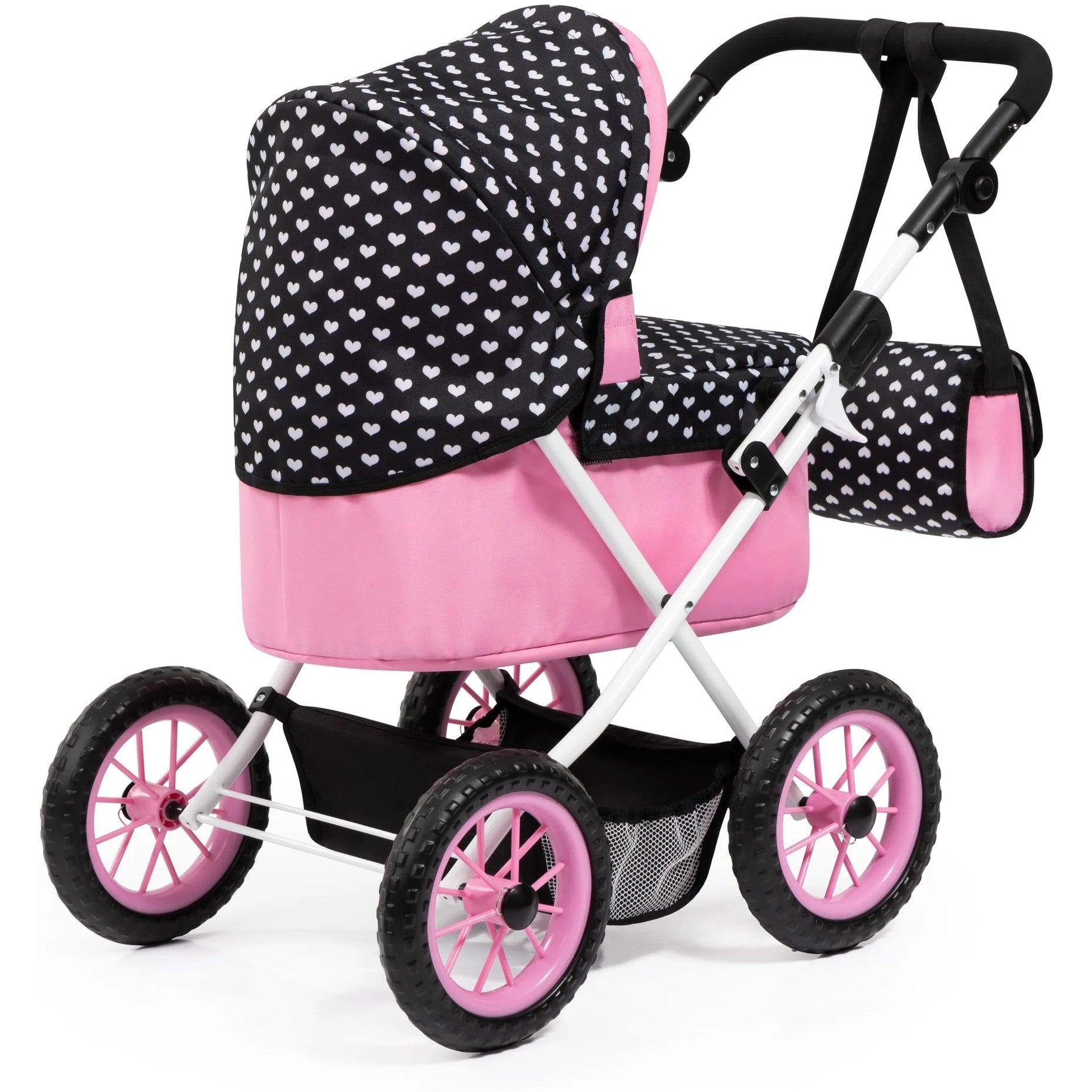 Bayer - Doll Pram Trendy Pink with Black Hood & Pink Bow