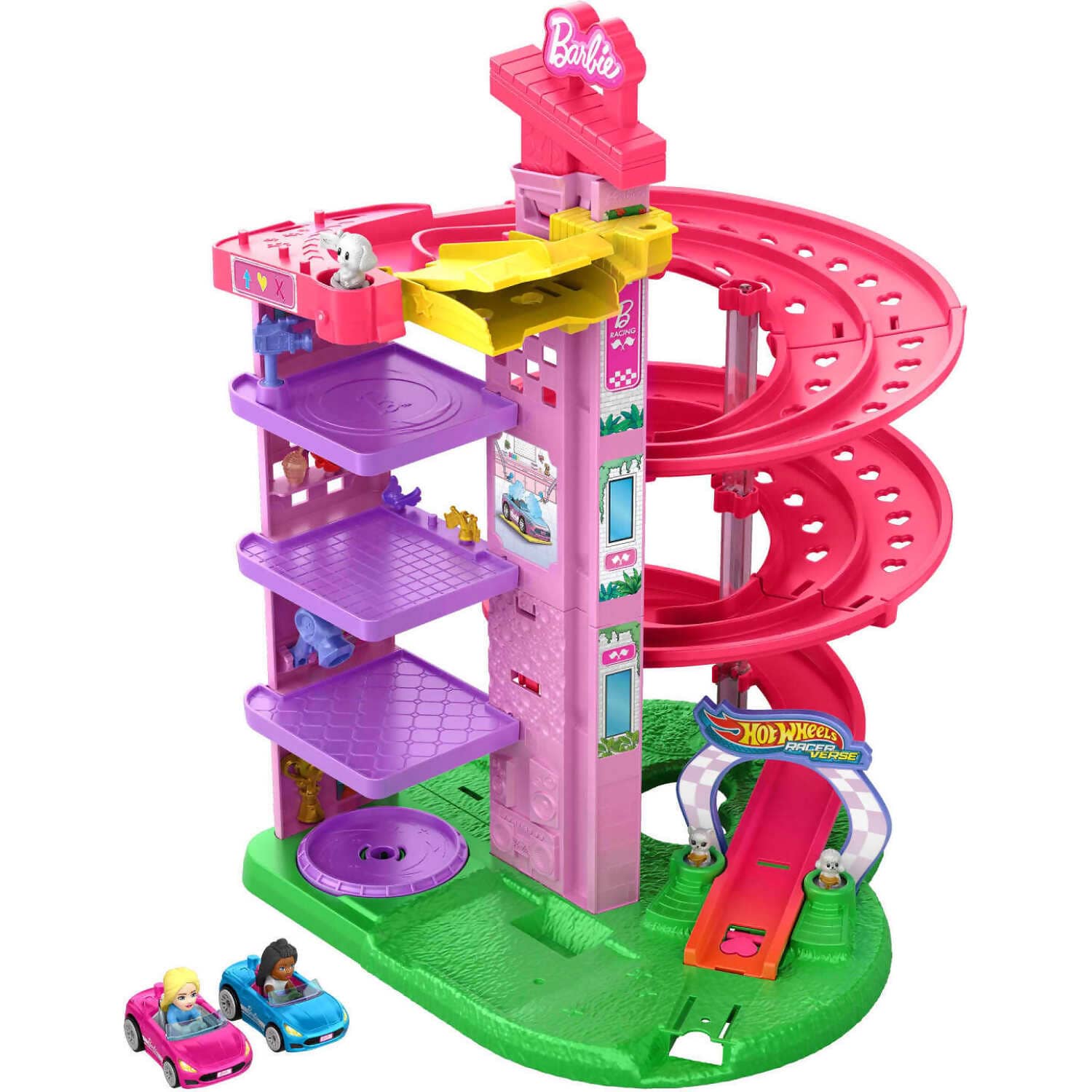Hot Wheels - Racerverse Barbie Spiral Race Track Set With Barbie malibu & Barbie brooklyn Toy Cars