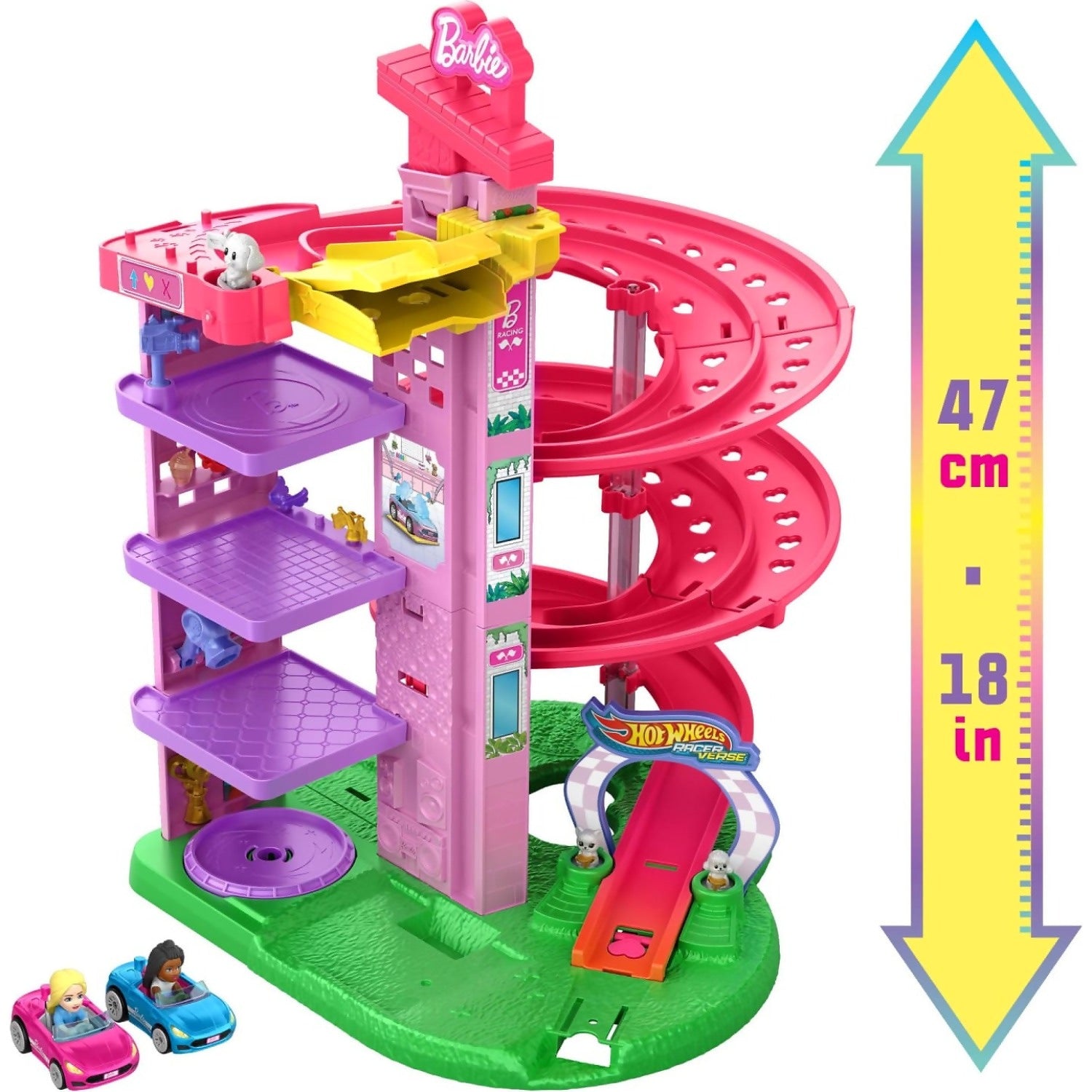 Hot Wheels - Racerverse Barbie Spiral Race Track Set With Barbie malibu & Barbie brooklyn Toy Cars