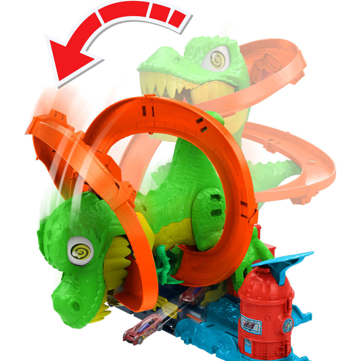 Hot Wheels - City T-rex Blaze Battle Playset & 1:64 Scale Die-cast Car Dinosaur Nemesis