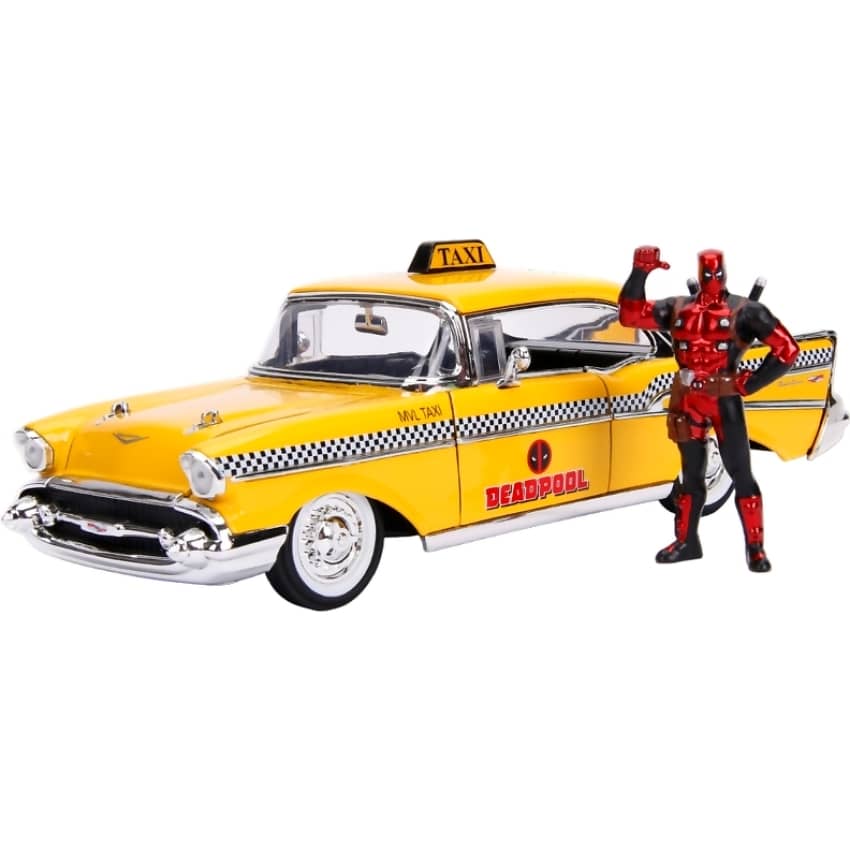 JADA TOYS - HOLLYWOOD RIDES 1957 CHEVY BEL AIR TAXI WITH DEADPOOL 1:24 SCALE DIECAST VEHICLE & DEADPOOL FIGURE SET