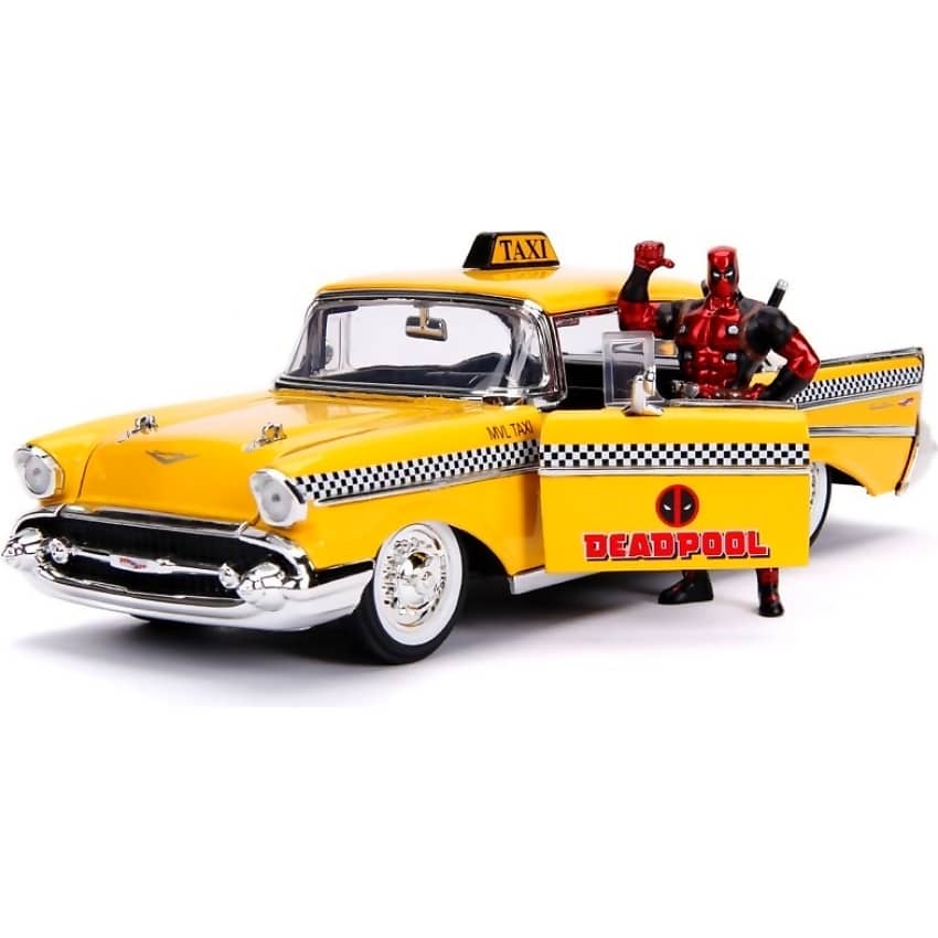 JADA TOYS - HOLLYWOOD RIDES 1957 CHEVY BEL AIR TAXI WITH DEADPOOL 1:24 SCALE DIECAST VEHICLE & DEADPOOL FIGURE SET