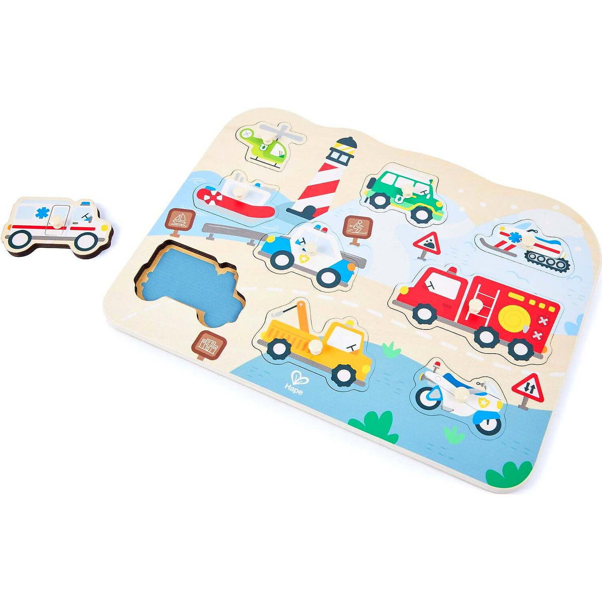 Hape - Wooden Emergency Vehicles Peg Puzzle