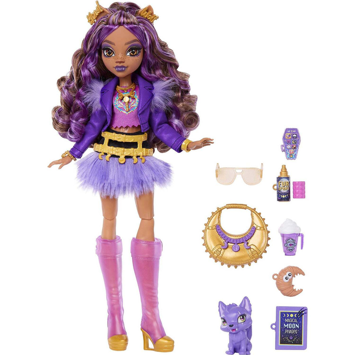 Monster High - Clawdeen Wolf Fashion Doll in Furry Skirt with Pet Crescent and 7 Accessories - Mattel