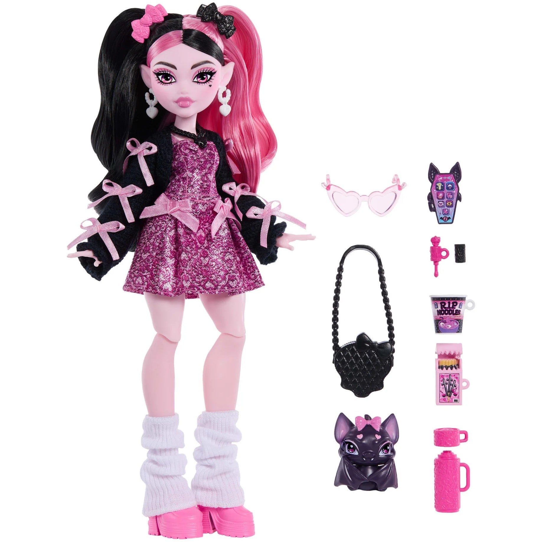 Monster High - Draculaura Fashion Doll in Bow Dress With Pet Bat Count Fabulous And 7 Accessories - Mattel