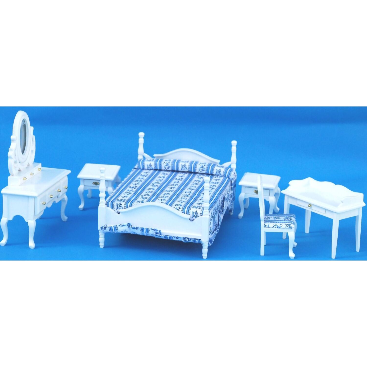Annie's Dolls House - Wooden 6pcs White Bedroom Furniture Set with Desk - Dollhouse Furniture