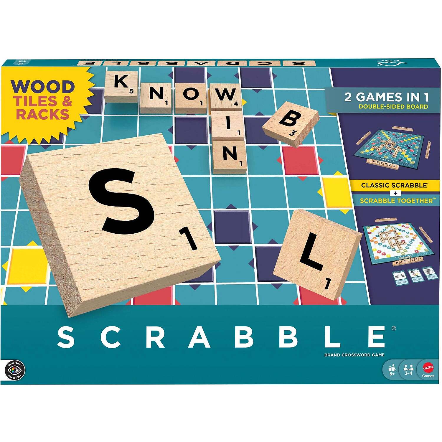 Scrabble - Wood Tiles & Racks 2 GAMES IN 1 - Double-Sided Board Game - Mattel