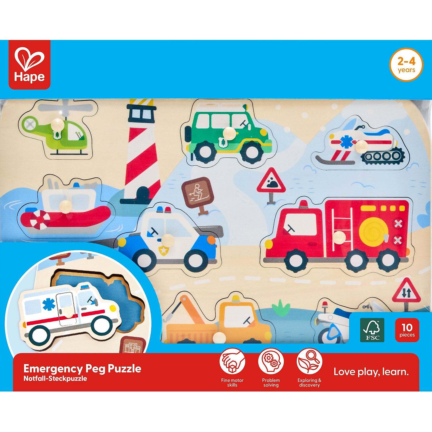 Hape - Wooden Emergency Vehicles Peg Puzzle