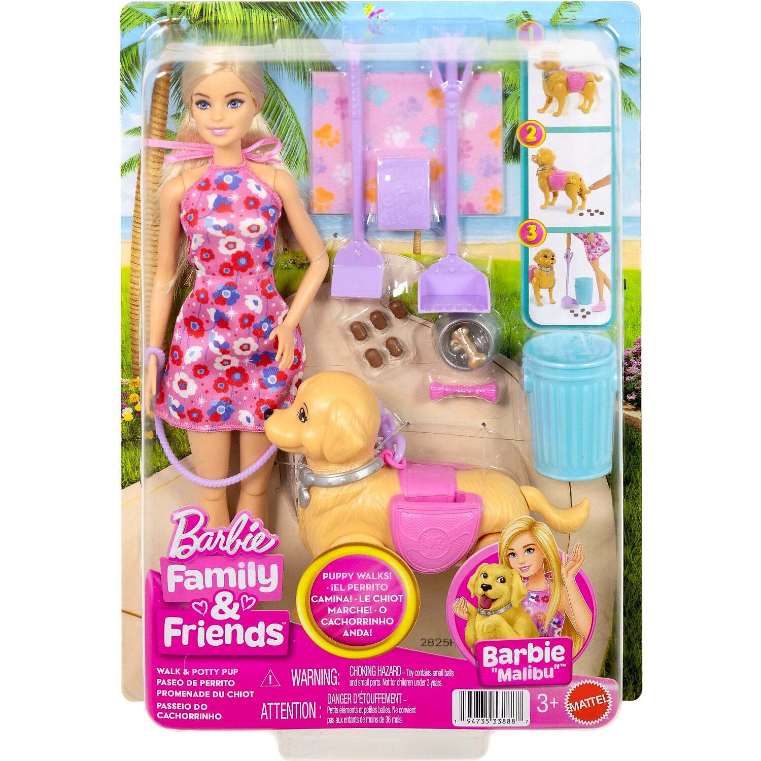Barbie - Family & Friends Barbie Malibu Walk & Potty Pup Doll - Mattel
